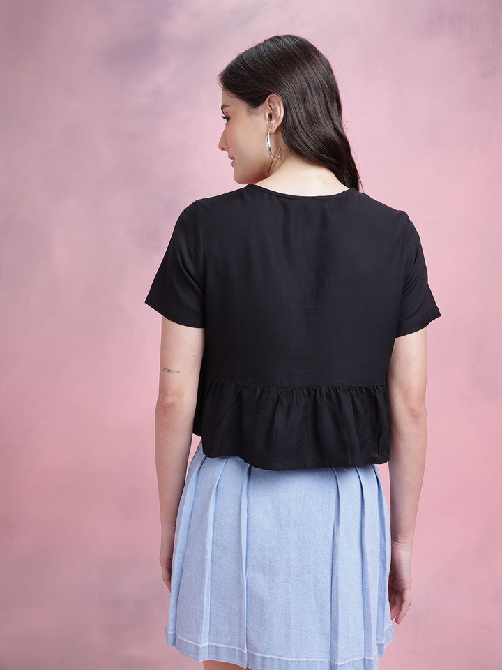 DressBerry Tie-up Detail Pleated Plunge Neck Regular Top