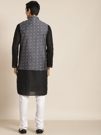 SOJANYA Men Black Chikankari Pure Cotton Kurta with Churidar & Nehrujacket