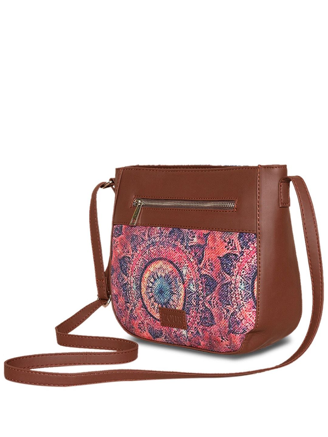 ZOUK Women Pink & Brown Floral Printed Structured Sling Bag