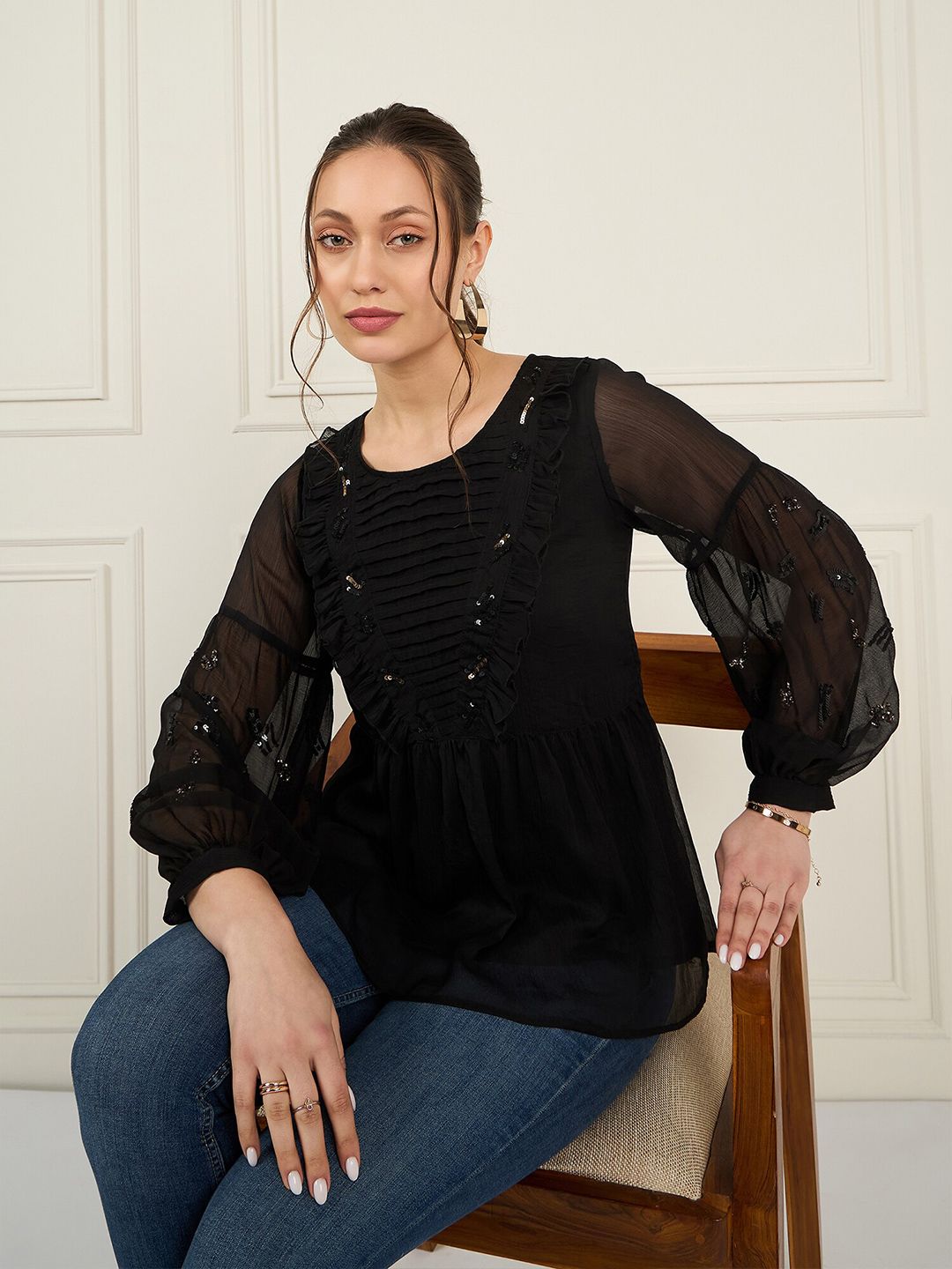 Antheaa Sequined Cuffed Sleeves A-Line Top with Pleated Detail