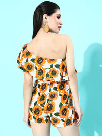 Berrylush Women Bright Yellow Printed One-Shoulder Jumpsuit
