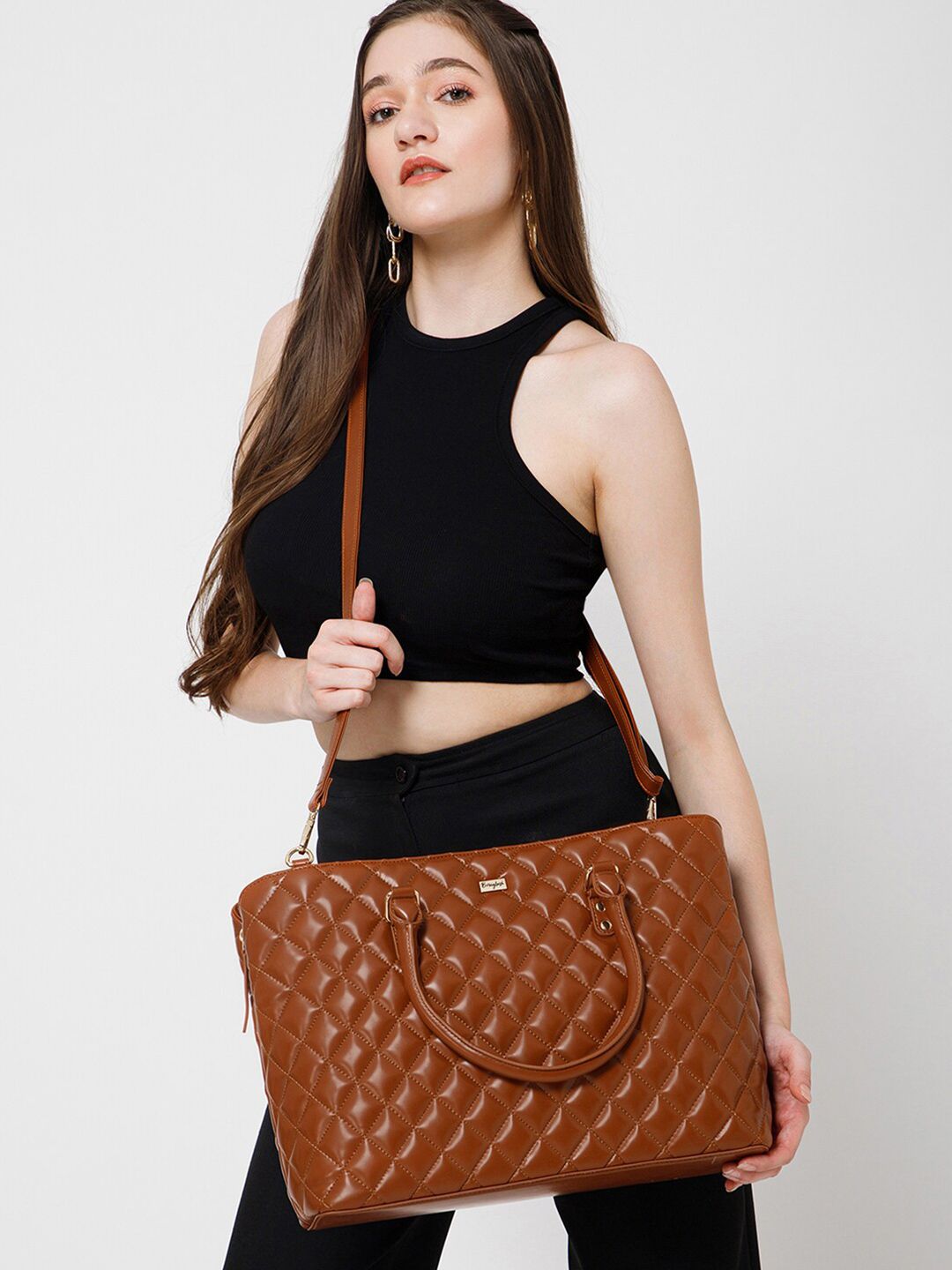 Berrylush Women Brown Textured Laptop Bag With Quilted