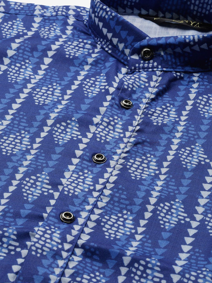 SOJANYA Lelaki Navy Blue & White Printed Straight Kurta
