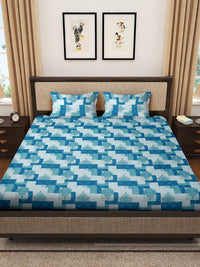 KLOTTHE Blue Geometric Cotton 400 TC Super King Bedsheet With 2 Pillow Covers