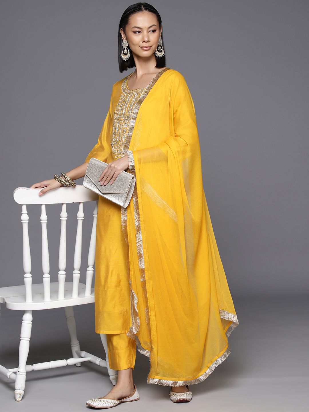 Varanga Women Ethnic Motifs Embroidered Chanderi Silk Kurta with Trousers & With Dupatta