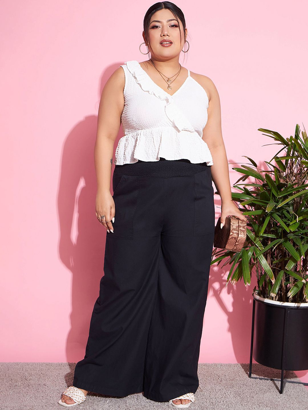 SASSAFRAS Curve Women Black Straight Fit High-Rise Pure Cotton Parallel Trousers