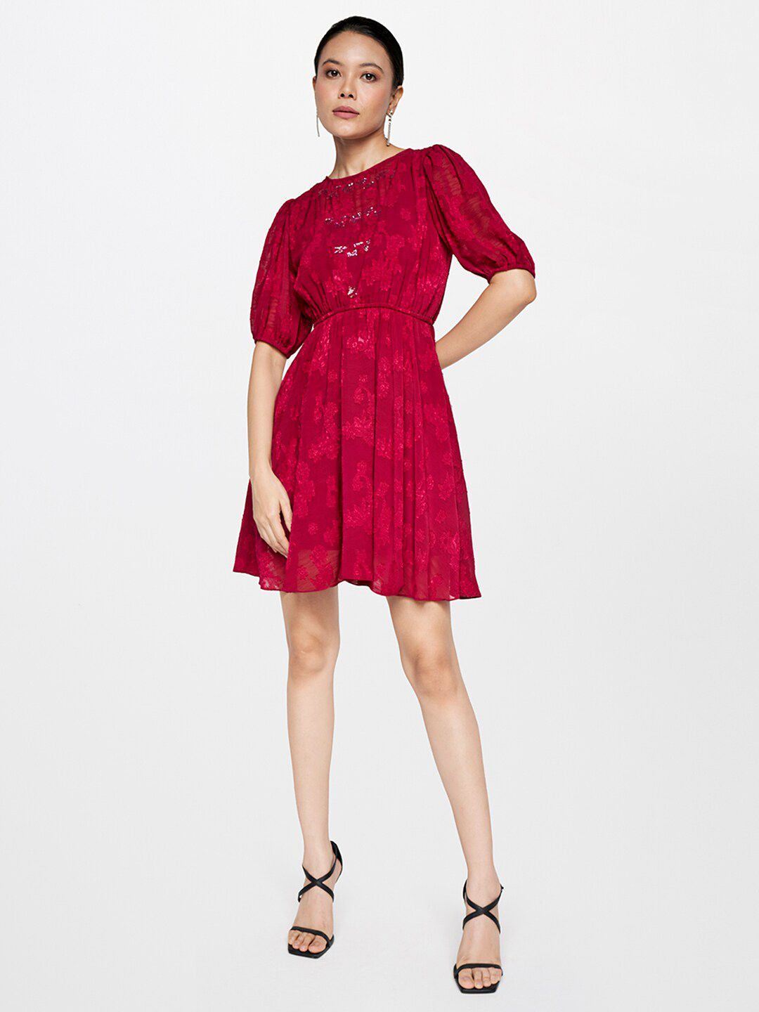 AND Maroon Puff Sleeve Fit & Flare Dress