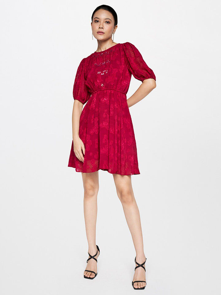 AND Maroon Puff Sleeve Fit & Flare Dress