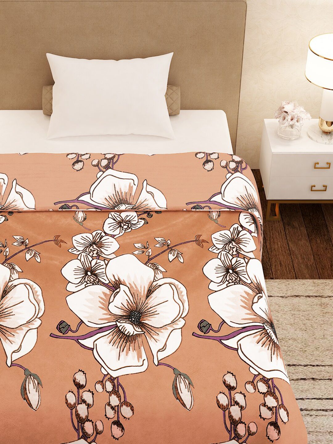 Story@home Brown & White Floral Mild Winter 300 GSM Single Bed Blanket