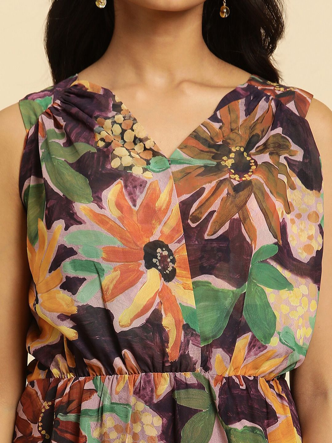 W Floral Print V-Neck Sleeveless Maxi Dress