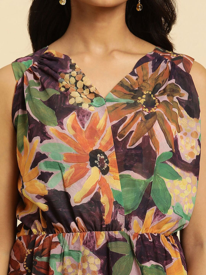 W Floral Print V-Neck Sleeveless Maxi Dress