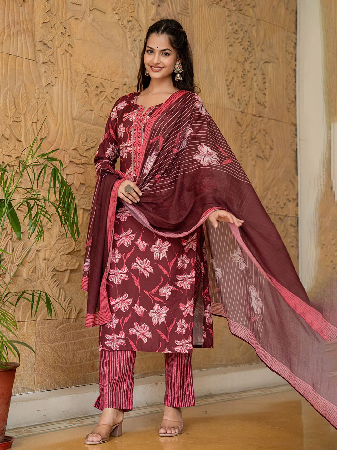 KALINI Floral Printed Notch Neck Straight Kurta With Trousers & Dupatta