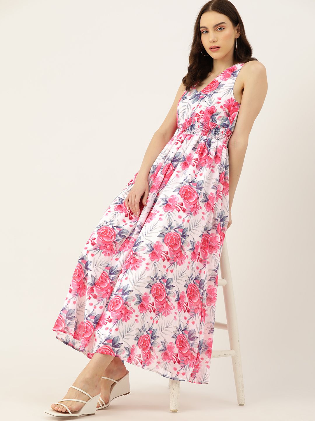 DressBerry Smocked Floral Print Maxi Dress