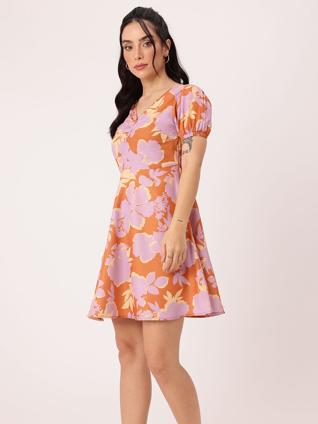 DressBerry Charming Blossom Printed Gathered A-Line Mini Dress