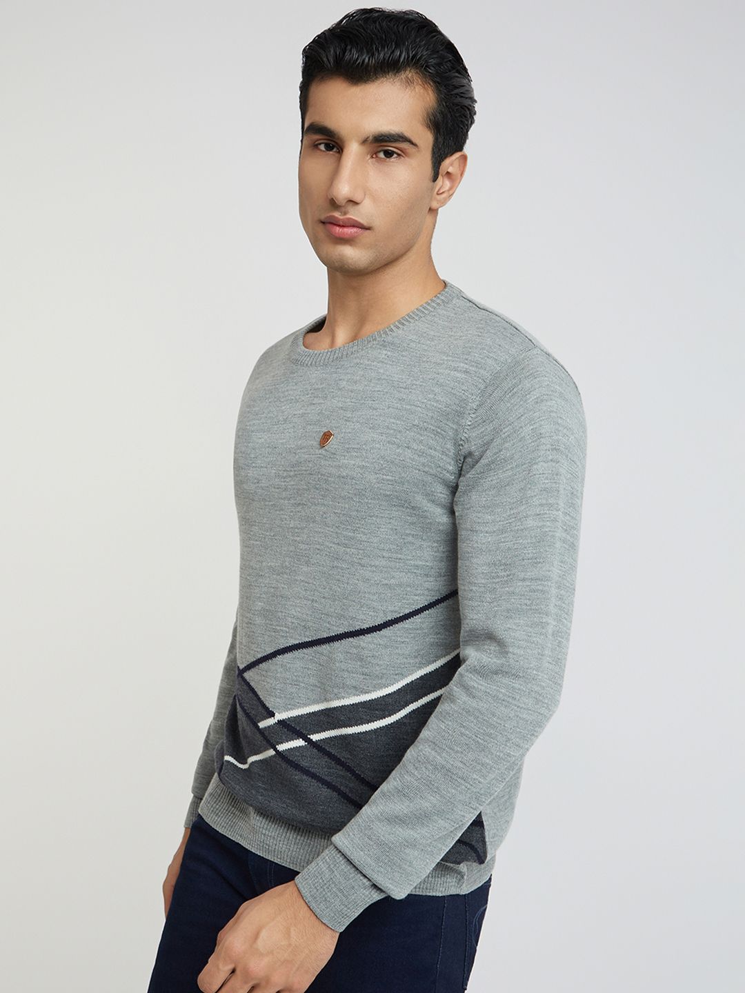 Raymond Men Grey Colourblocked Geometric Sweater