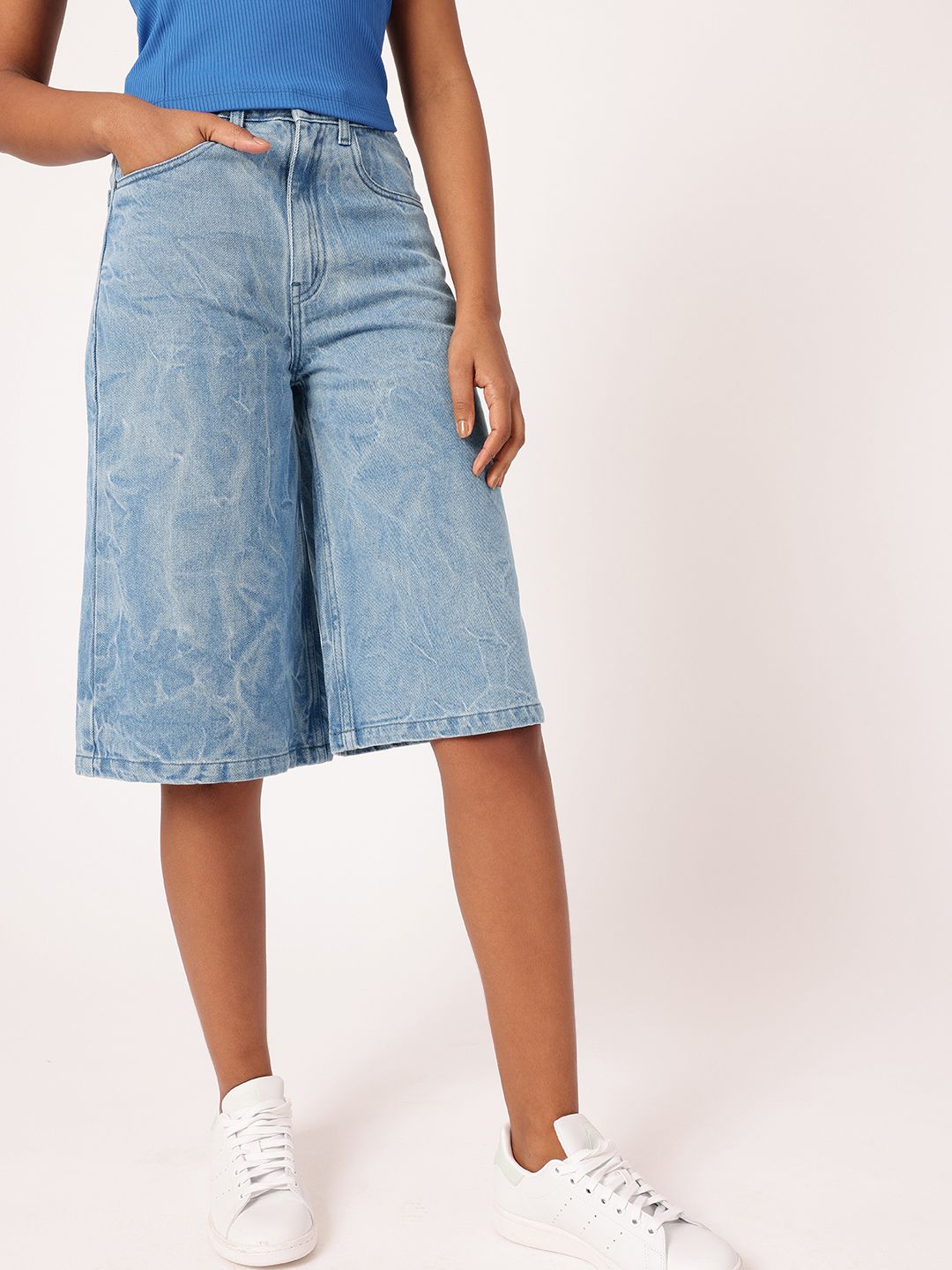 Wanita berpakaian bandar bandar keriting kesan dibasuh panjang lutut tinggi kenaikan denim