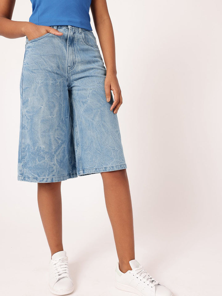 DressBerry Women Urban Street Crinkle Effect Washed Knee Length High Rise Denim Shorts