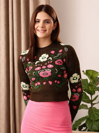 STREET 9 Brown & Green Floral Self Design Pullover