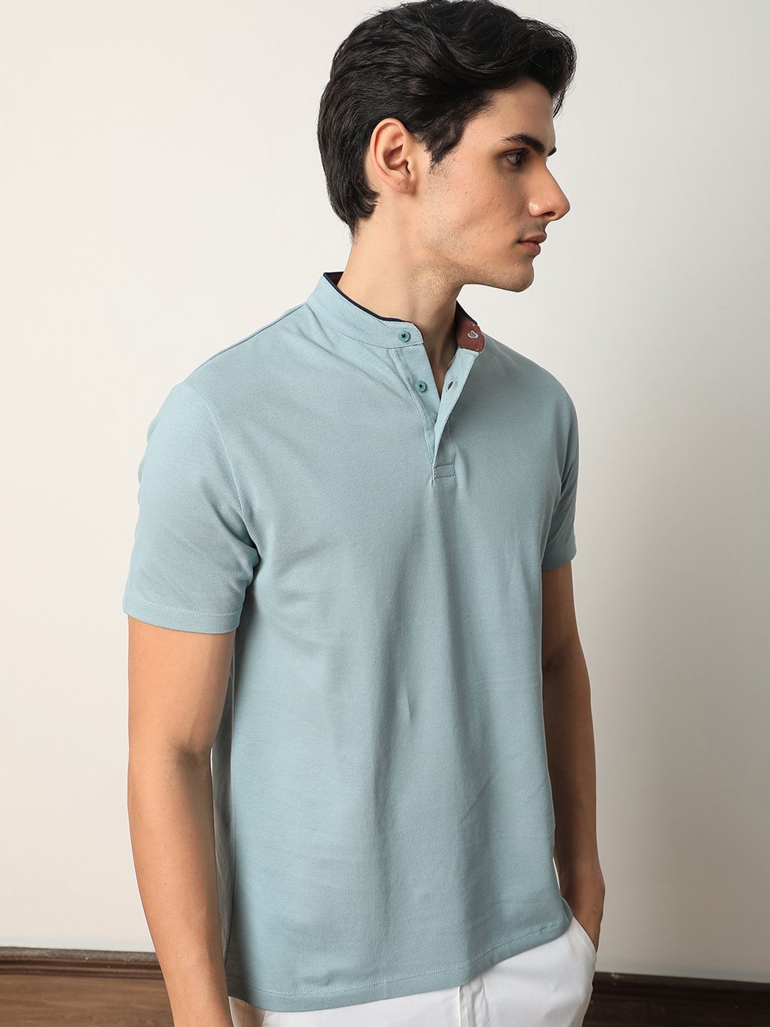 RARE RABBIT Men Barrie Mandarin Collar Cotton Slim Fit T-Shirt