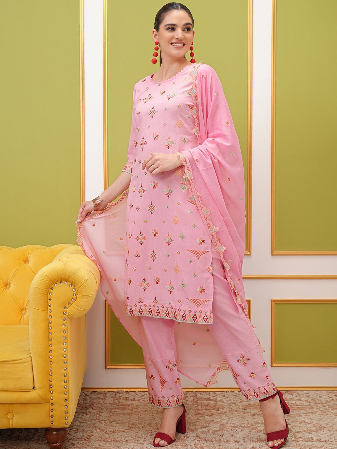 Vishudh Embroidered Regular Thread Work Pure Cotton Kurta with Trousers & With Dupatta
