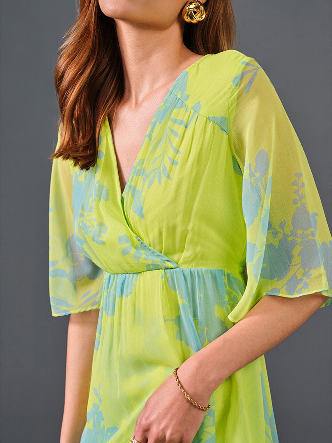 AND Floral Printed V-Neck Flared Sleeve Empire Midi Dress