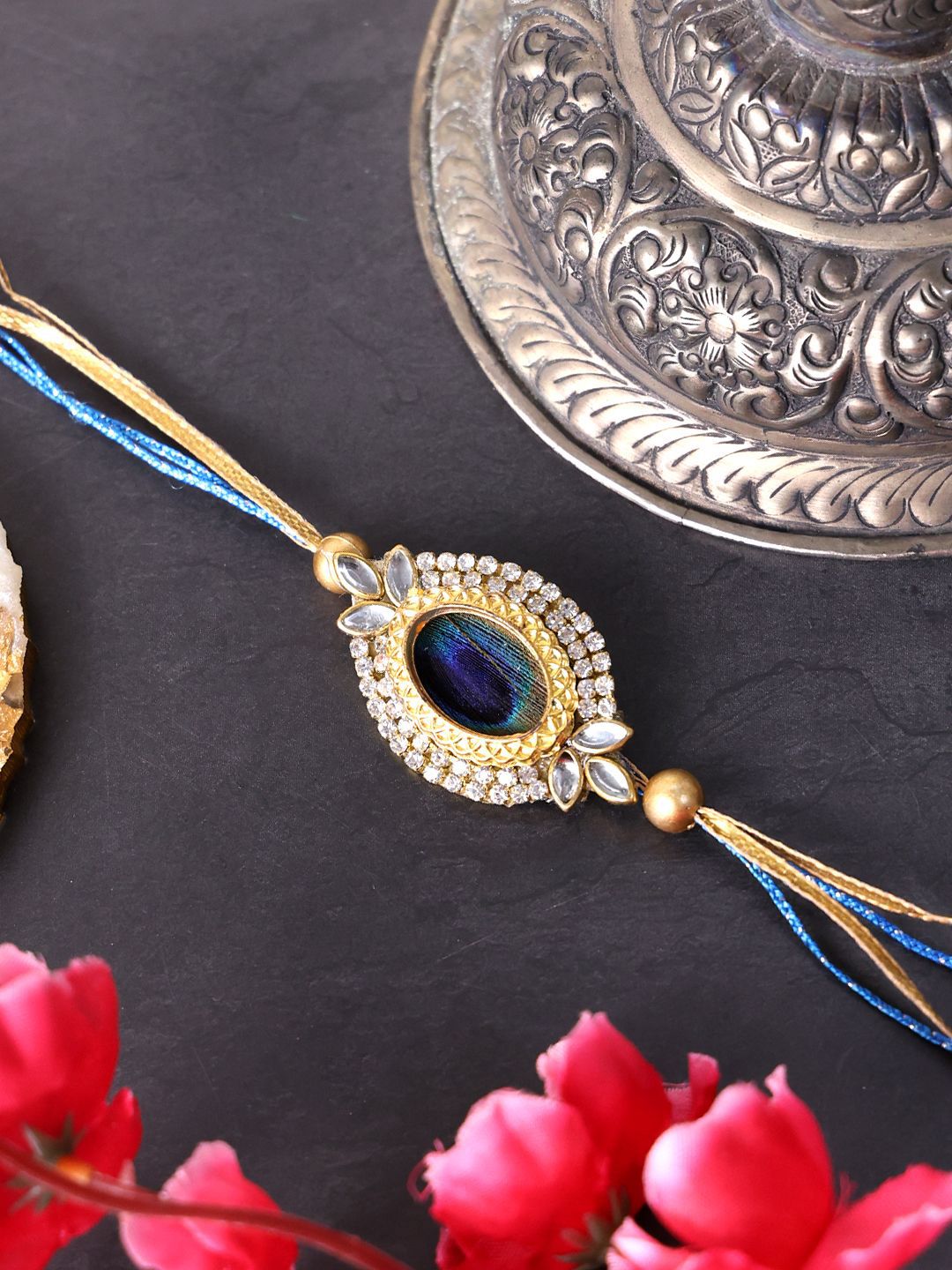 PANASH Gold Plated Beaded & Stone Studded Rakhis With Roli Chawal