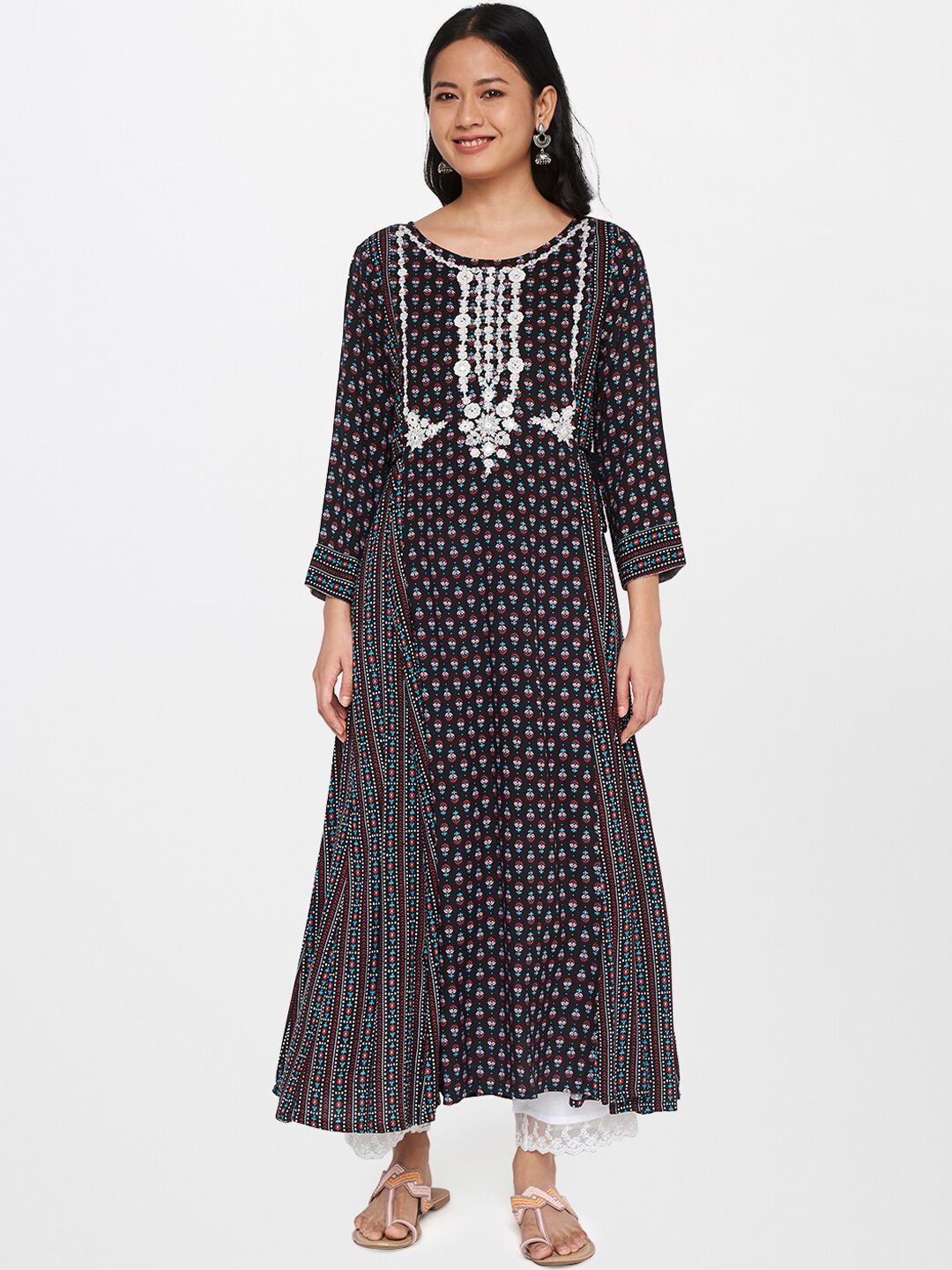 Global Desi Women Black Ethnic Motifs Printed Thread Work Anarkali Kurta
