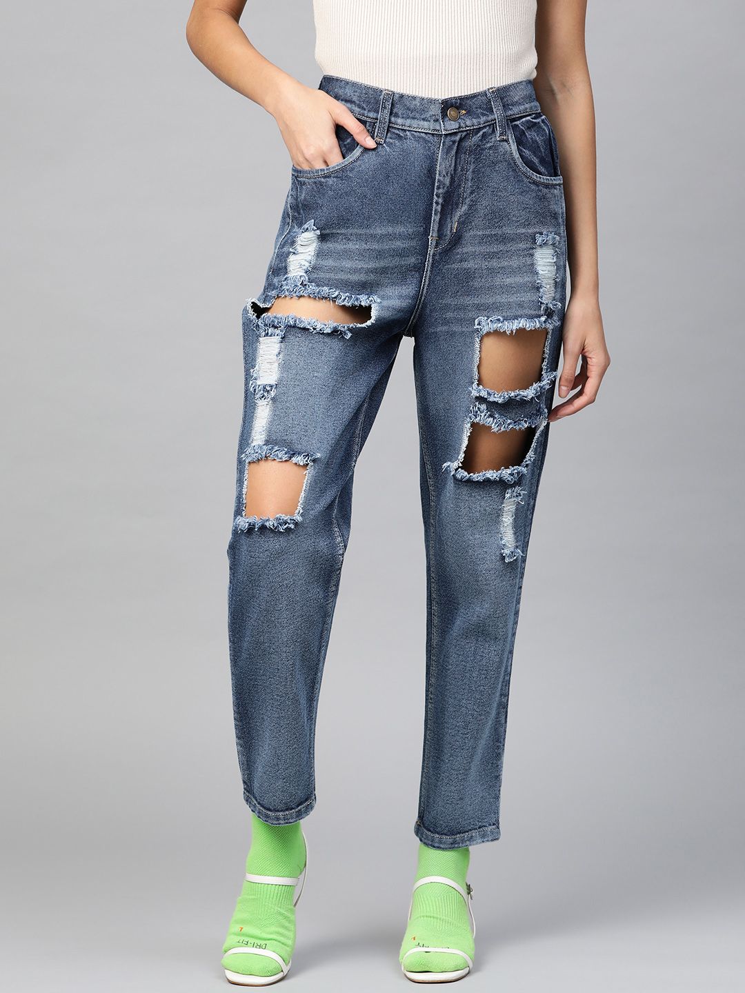 SASSAFRAS Women Blue Cotton Relaxed Fit High-Rise Highly Distressed Stretchable Crop Jeans