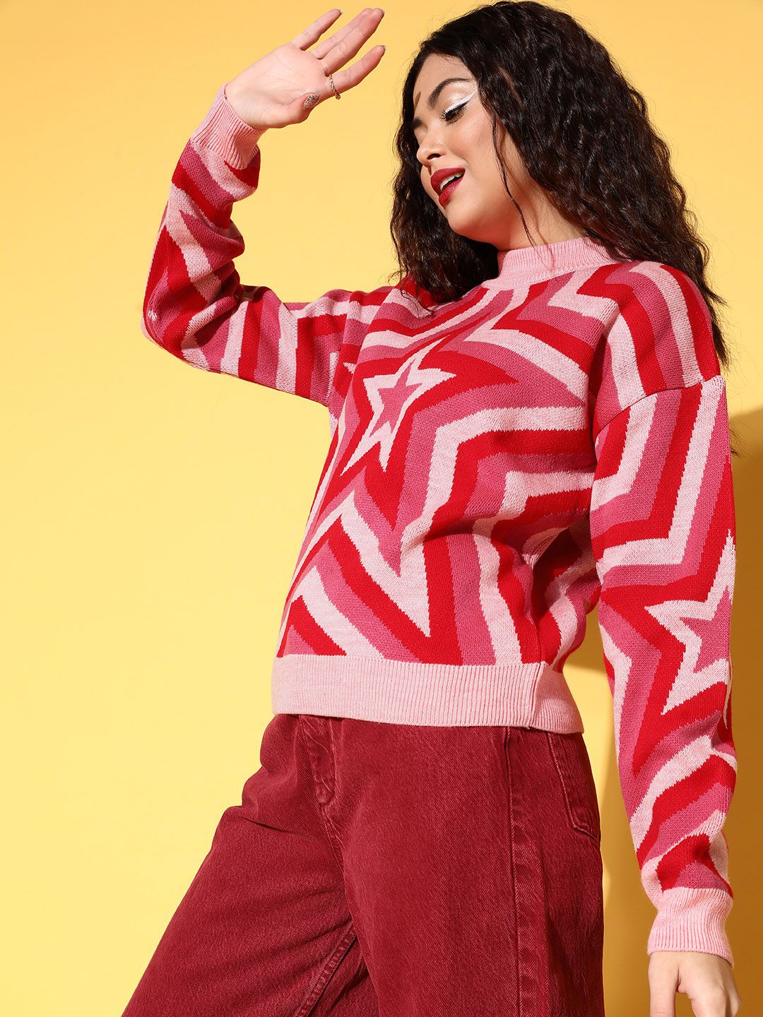 Berrylush Women Pink Geometric Printed Pullover Sweater