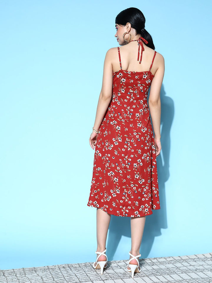 Berrylush Red & White Floral Ruched Bust Slit Hem Cami Dress