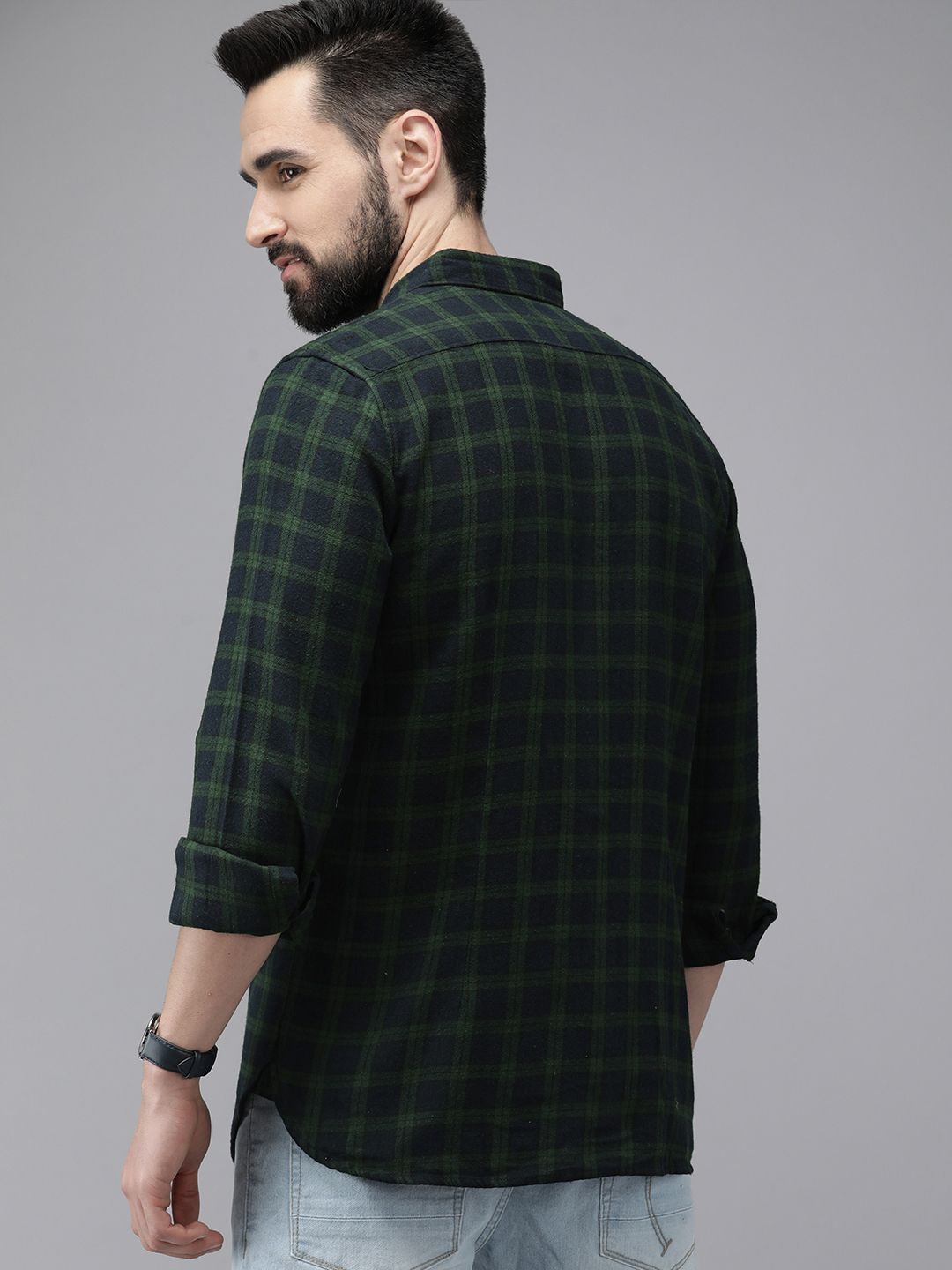 THE BEAR HOUSE Men Green & Navy Blue Slim Fit Checked Flannel Cotton Casual Shirt
