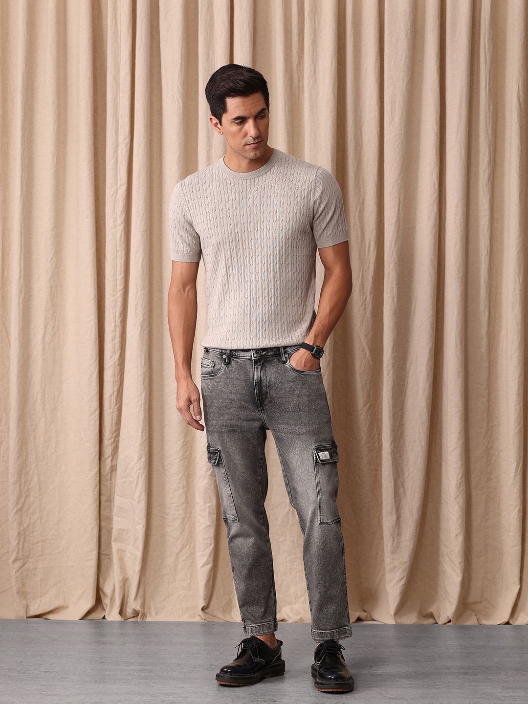 Mr Bowerbird Men Tapered Fit Mid-Rise Heavy Fade Cropped Stretchable Cargo Styles Jeans