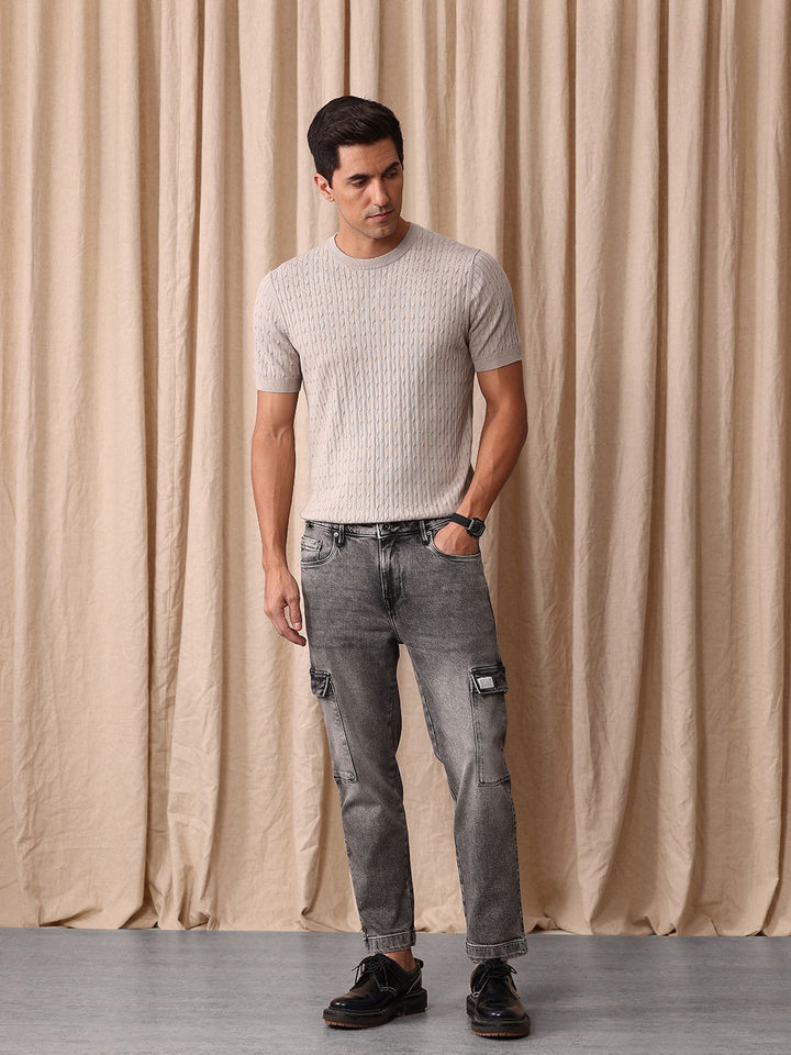 Mr Bowerbird Men Tapered Fit Mid-Rise Heavy Fade Cropped Stretchable Cargo Styles Jeans