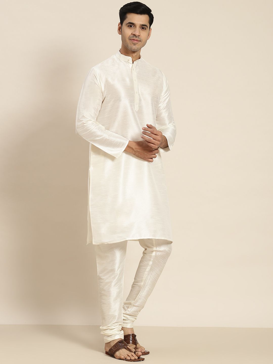 SOJANYA Men Cream-Coloured Kurta with Churidar