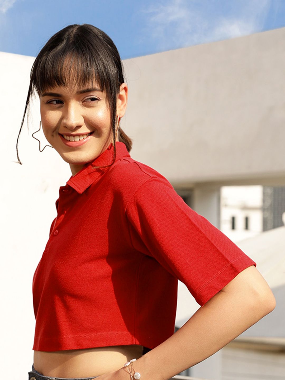 STREET 9 Red Polo Collar Drop Shoulder Sleeves Crop Pure Cotton Oversized T-shirt