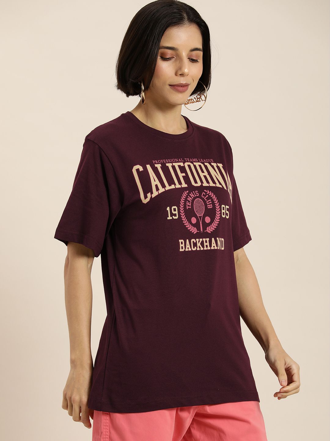 DILLINGER Women Burgundy & Cream-Coloured Typography Pure Cotton Oversized T-shirt