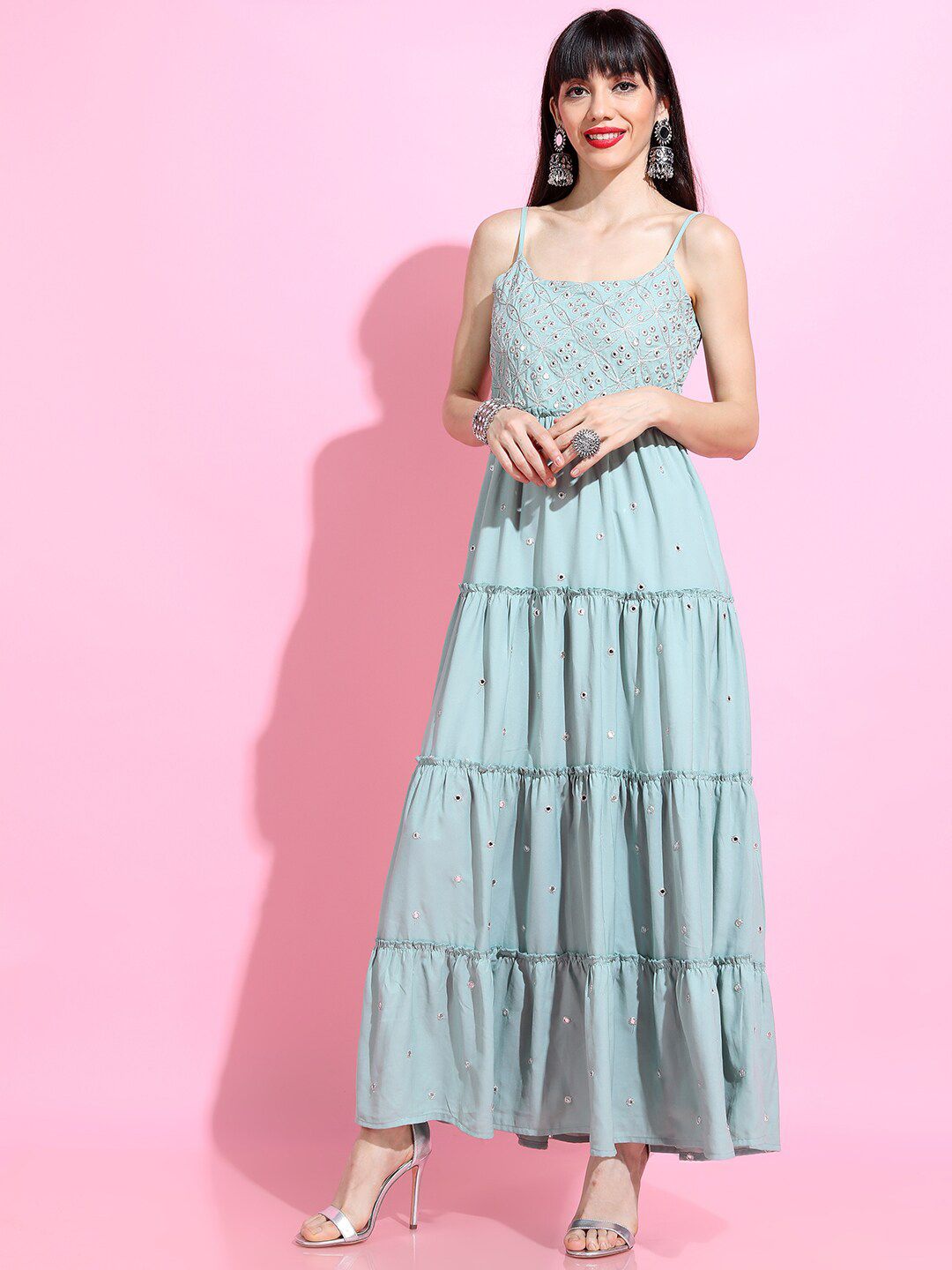 Vishudh Women Sea Green & Silver-Coloured Strappy Tiered Dress With Dupatta