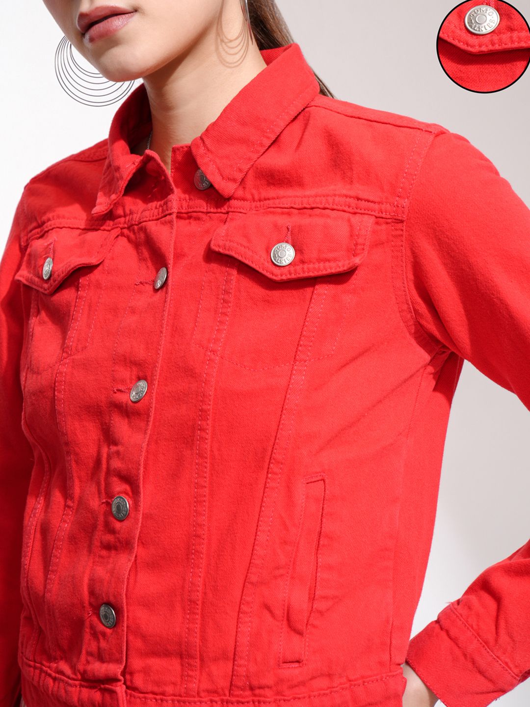 Tokyo Talkies Women Red Solid Denim Jacket