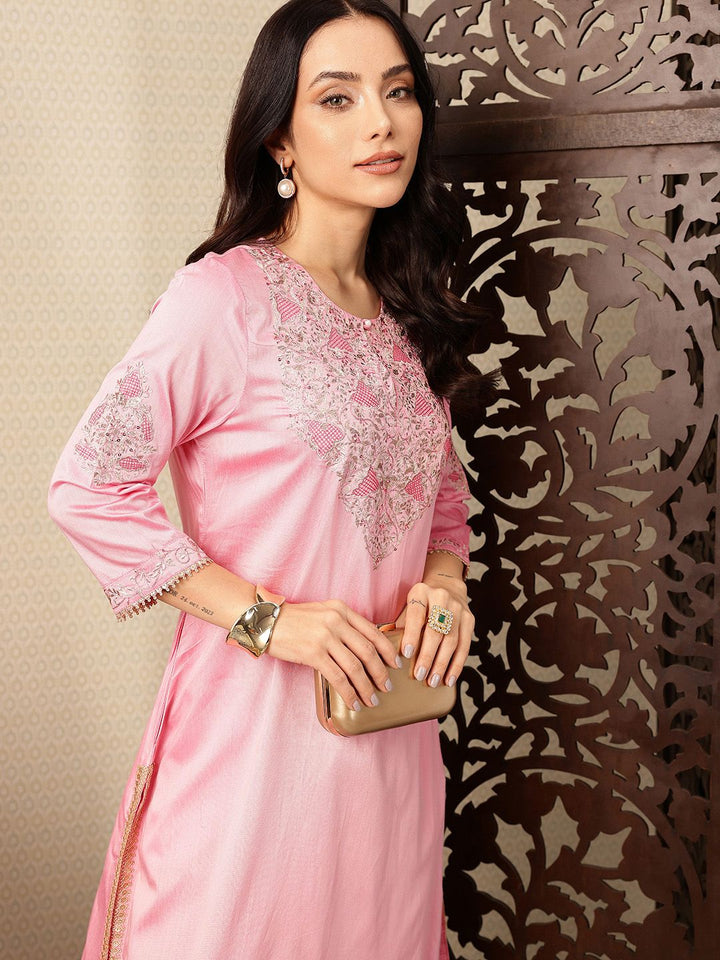 House of Pataudi Floral Yoke Design Keyhole Neck Sequinned Jashn Kurta