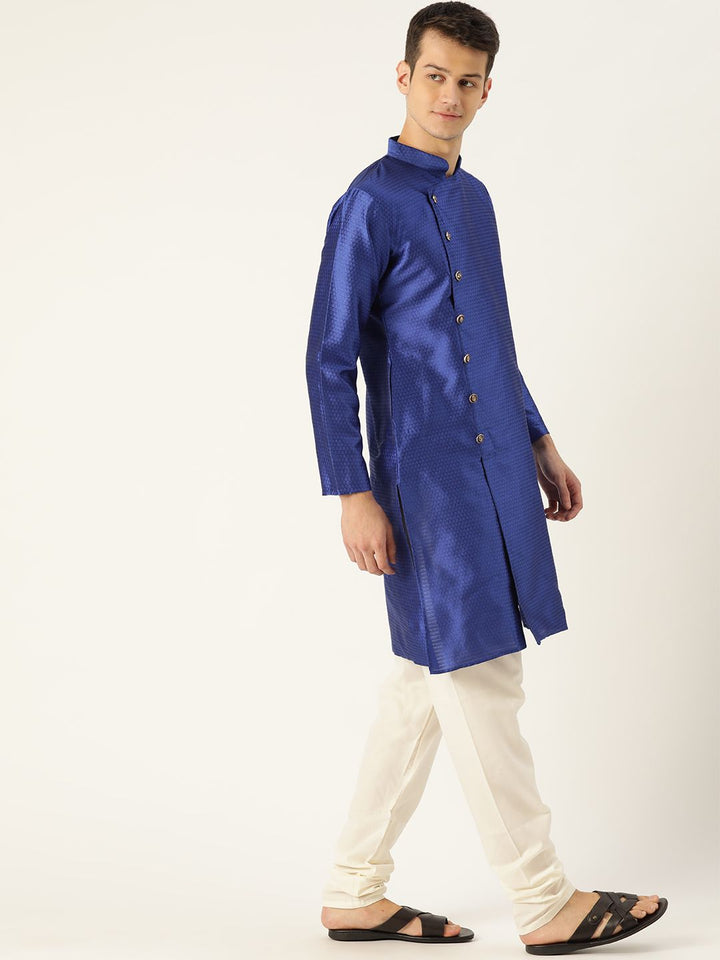 SOJANYA Men Blue Ethnic Woven Design Straight Angrakha Kurta