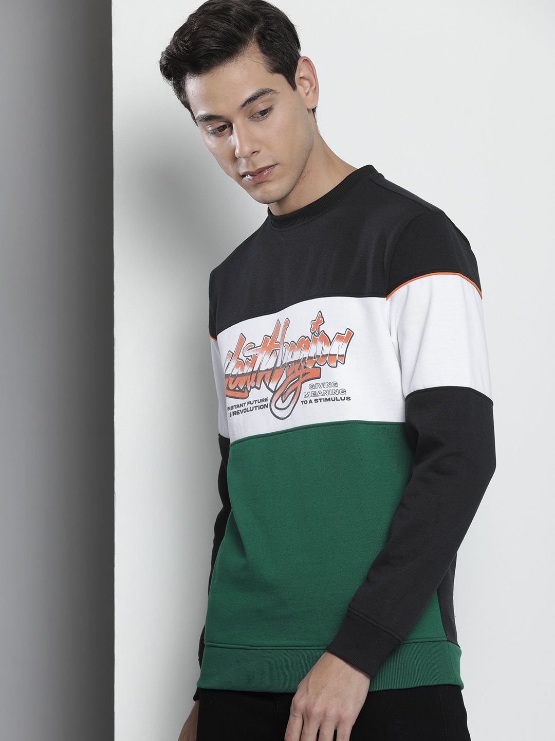 The Indian Garage Co Men Black & White Colourblocked Sweatshirt