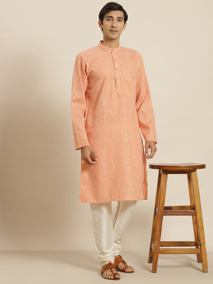SOJANYA Men Orange Cotton Linen Straight Kurta