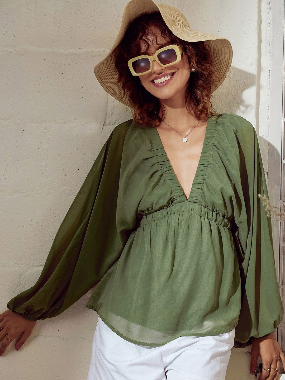 SASSAFRAS Gathered Detailed V-Neck Extended Sleeves Peplum Top