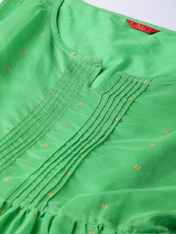 W Women Green & Golden Printed Kurta & Trousers With Ethnic Jacket