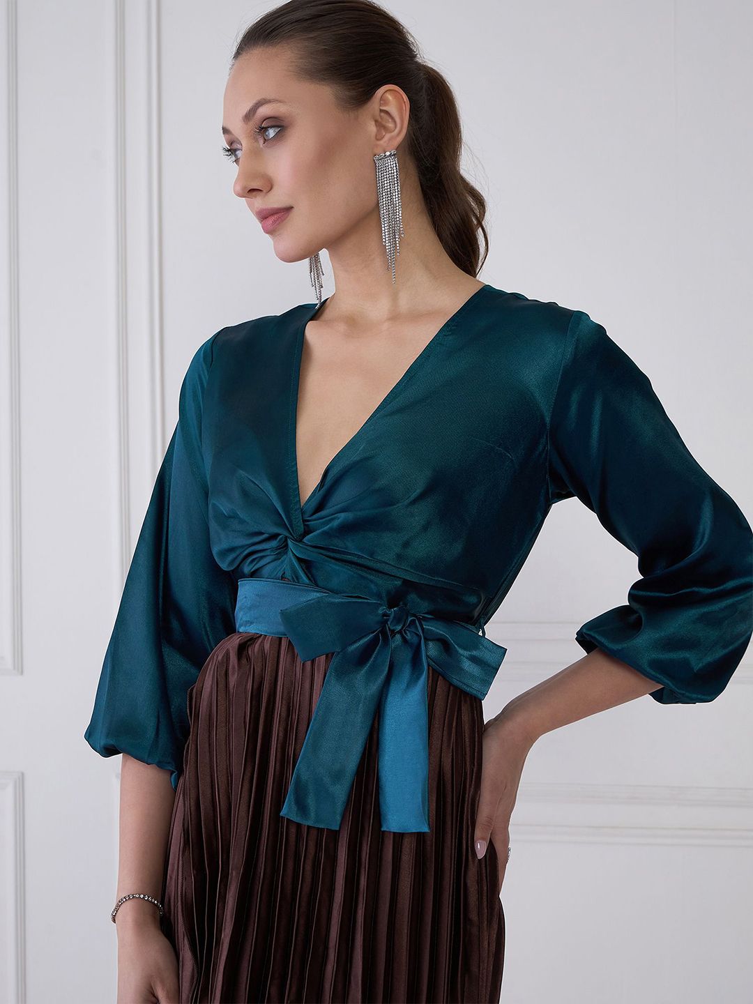 Antheaa Women Striped Satin Midi Dress