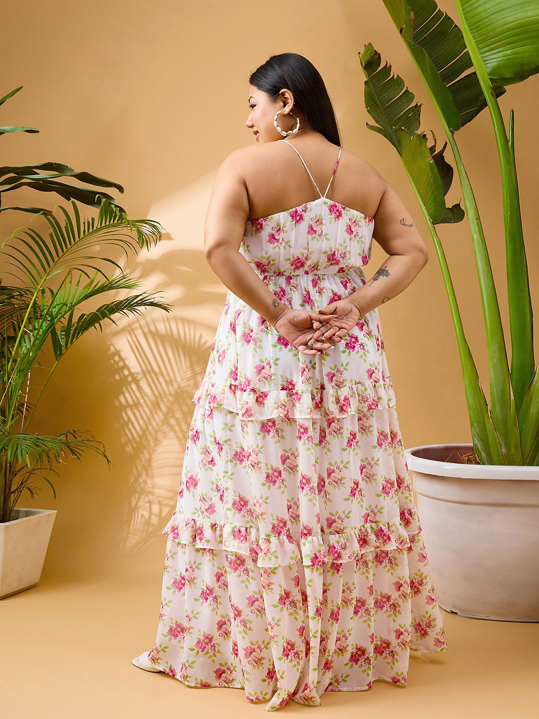 SASSAFRAS Curve Plus Size Floral Printed Shoulder Straps Tiered Georgette Maxi Dress