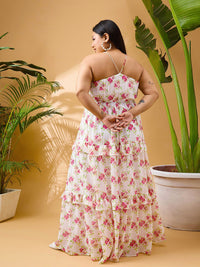 SASSAFRAS Curve Plus Size Floral Printed Shoulder Straps Tiered Georgette Maxi Dress