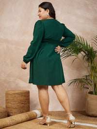 Berrylush Curve Plus Size Green Puff Sleeves Smocked Empire Dress