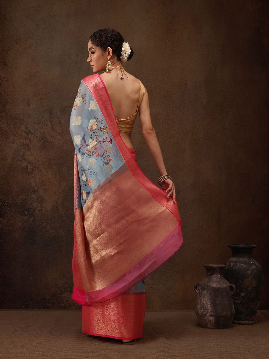 Silk Land Woven Floral Art Silk Chanderi Digital Print Saree