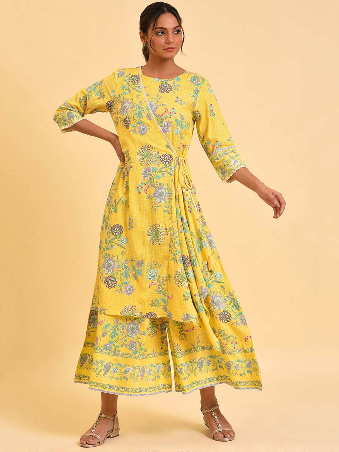 W Yellow & Green Floral Printed Culotte Jumpsuit
